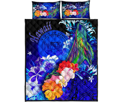 Polynesian Hawaii Quilt Bed Set - Humpback Whale with Tropical Flowers (Blue)