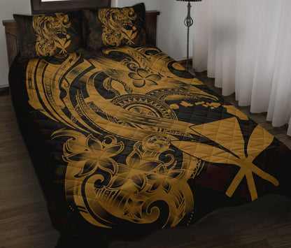 Hawaii Polynesian Quilt Bed Set - Gold Kanaka Maoli Tentacle Plumeria