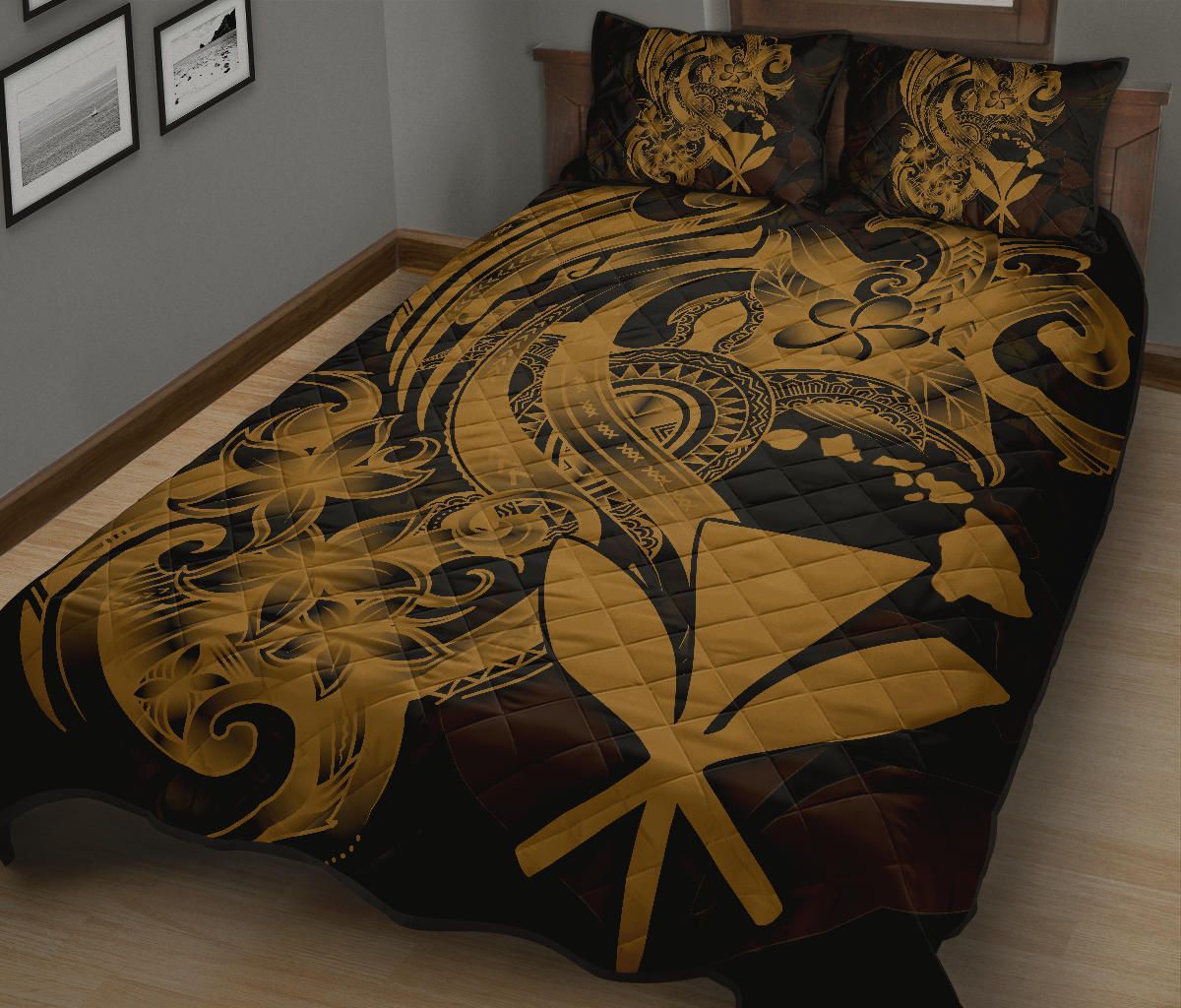 Hawaii Polynesian Quilt Bed Set - Gold Kanaka Maoli Tentacle Plumeria