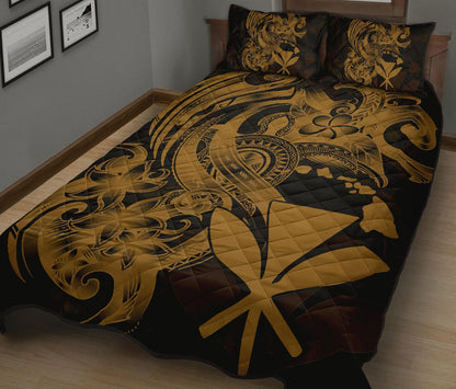 Hawaii Polynesian Quilt Bed Set - Gold Kanaka Maoli Tentacle Plumeria