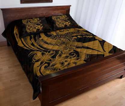 Hawaii Polynesian Quilt Bed Set - Gold Kanaka Maoli Tentacle Plumeria
