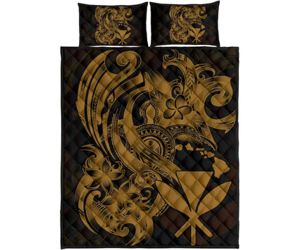 Hawaii Polynesian Quilt Bed Set - Gold Kanaka Maoli Tentacle Plumeria