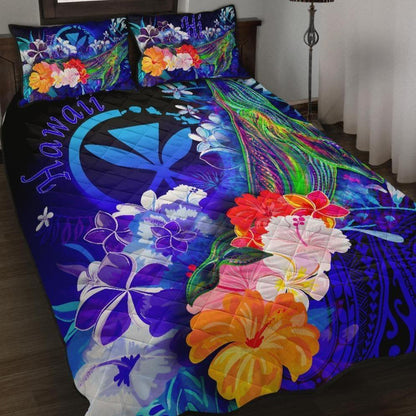 Polynesian Hawaii Quilt Bed Set - Kanaka Maoli Humpback Whale with Tropical Flowers (Blue)