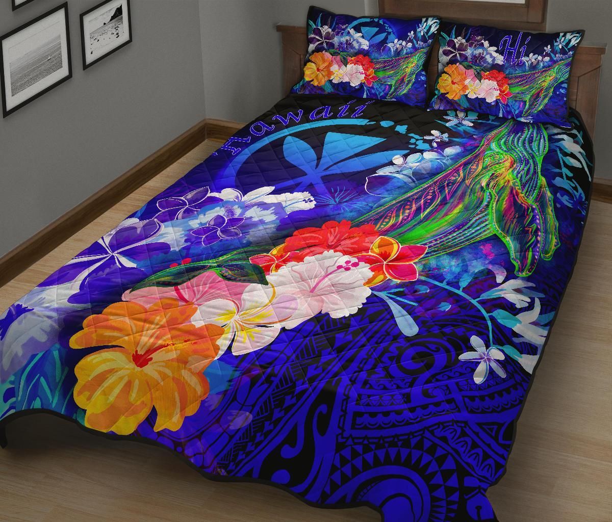 Polynesian Hawaii Quilt Bed Set - Kanaka Maoli Humpback Whale with Tropical Flowers (Blue)