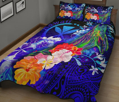 Polynesian Hawaii Quilt Bed Set - Kanaka Maoli Humpback Whale with Tropical Flowers (Blue)