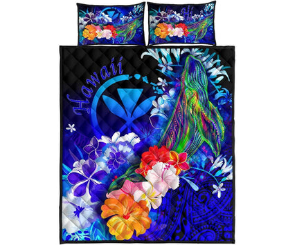 Polynesian Hawaii Quilt Bed Set - Kanaka Maoli Humpback Whale with Tropical Flowers (Blue)
