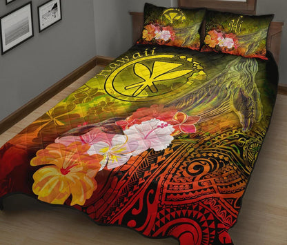 Polynesian Hawaii Quilt Bed Set - Kanaka Maoli Humpback Whale with Tropical Flowers (Yellow)