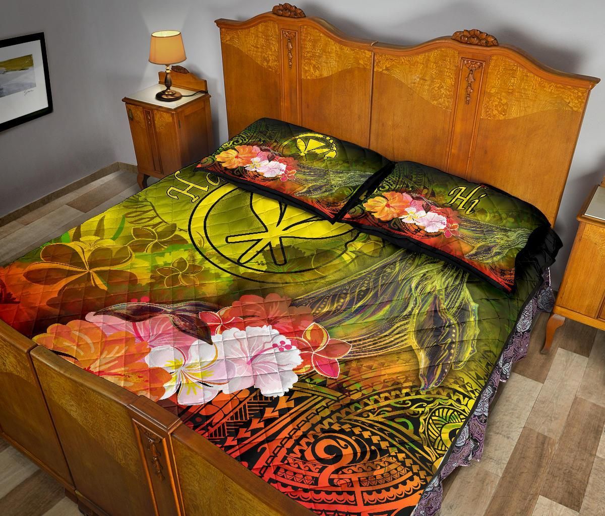 Polynesian Hawaii Quilt Bed Set - Kanaka Maoli Humpback Whale with Tropical Flowers (Yellow)