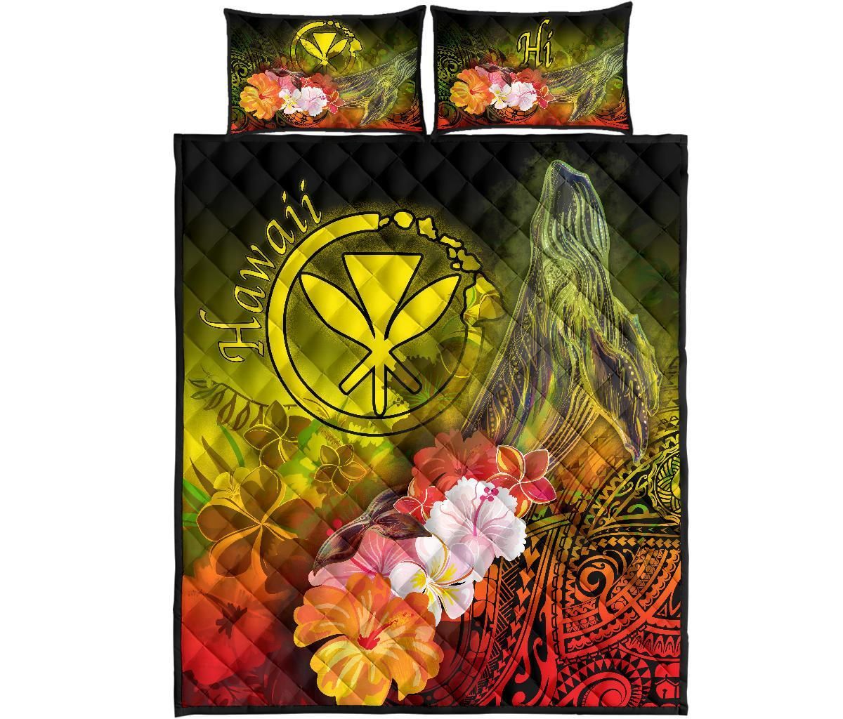 Polynesian Hawaii Quilt Bed Set - Kanaka Maoli Humpback Whale with Tropical Flowers (Yellow)