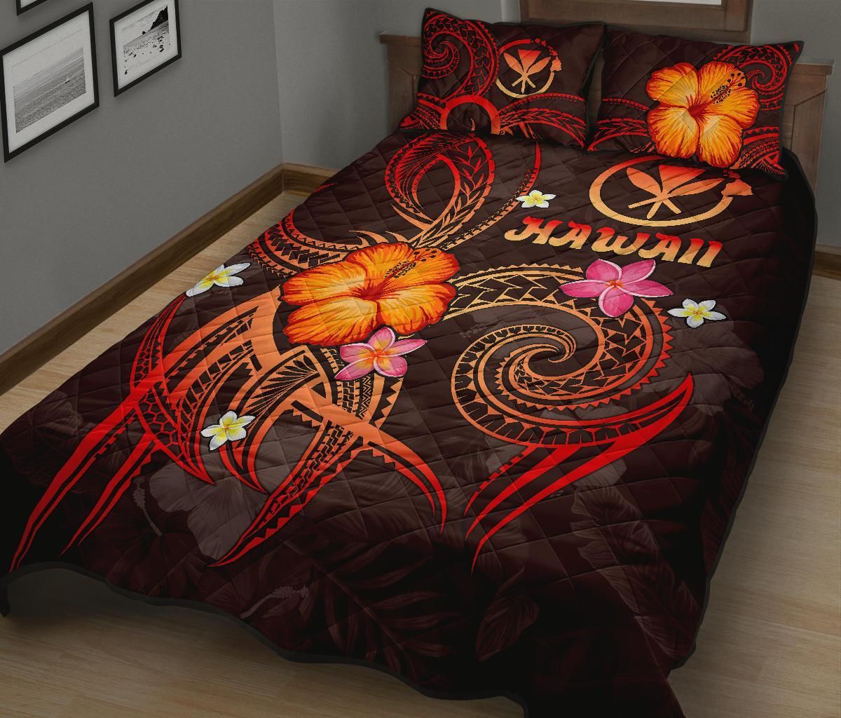 Polynesian Hawaii Quilt Bed Set - Legend of Kanaka Maoli (Red)