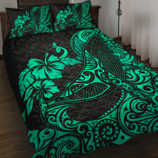 Polynesian Hawaii Quilt Bed Set - Polynesian Turquoise Humpback Whale