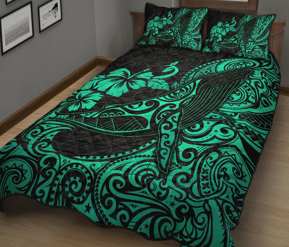 Polynesian Hawaii Quilt Bed Set - Polynesian Turquoise Humpback Whale