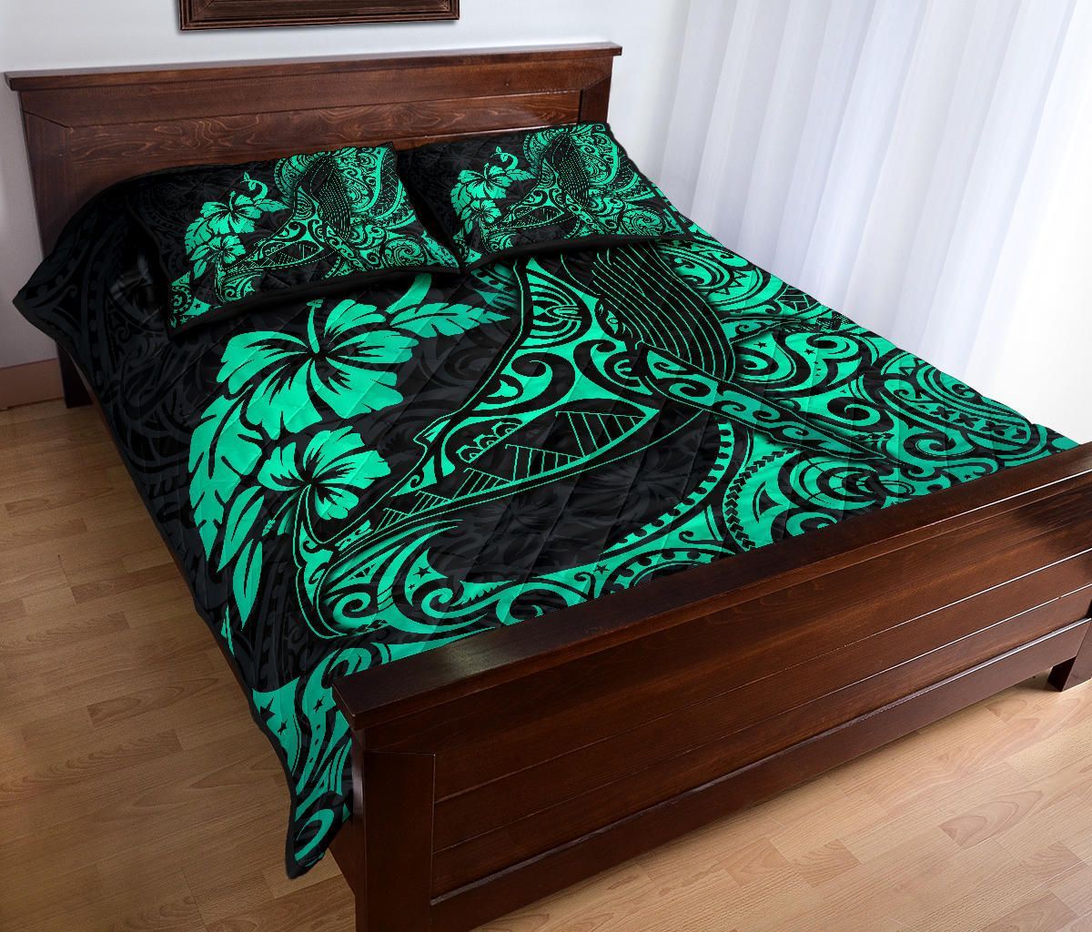 Polynesian Hawaii Quilt Bed Set - Polynesian Turquoise Humpback Whale