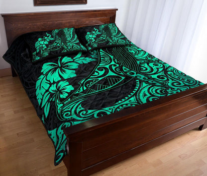 Polynesian Hawaii Quilt Bed Set - Polynesian Turquoise Humpback Whale