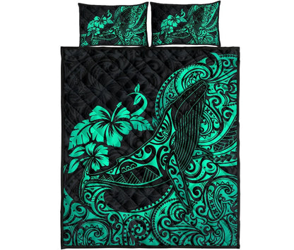 Polynesian Hawaii Quilt Bed Set - Polynesian Turquoise Humpback Whale