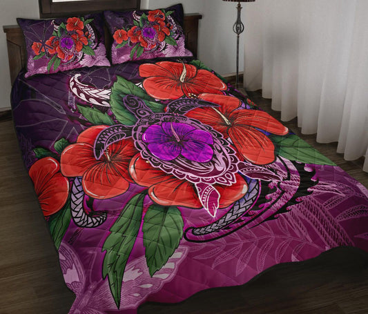 Polynesian Hawaii Quilt Bed Set - Purple Hibiscus Turtle Flowing