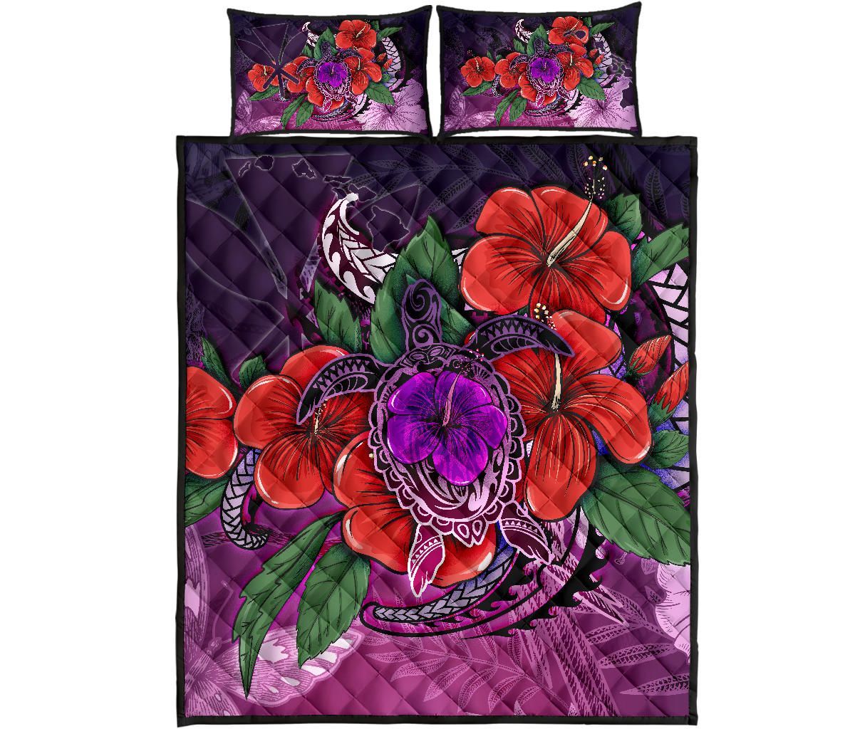 Polynesian Hawaii Quilt Bed Set - Purple Hibiscus Turtle Flowing