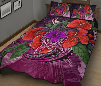 Polynesian Hawaii Quilt Bed Set - Purple Hibiscus Turtle Flowing