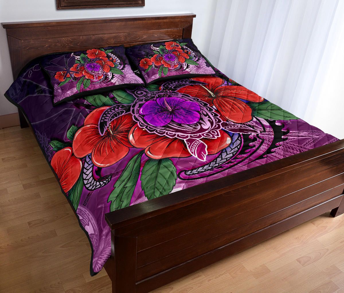 Polynesian Hawaii Quilt Bed Set - Purple Hibiscus Turtle Flowing