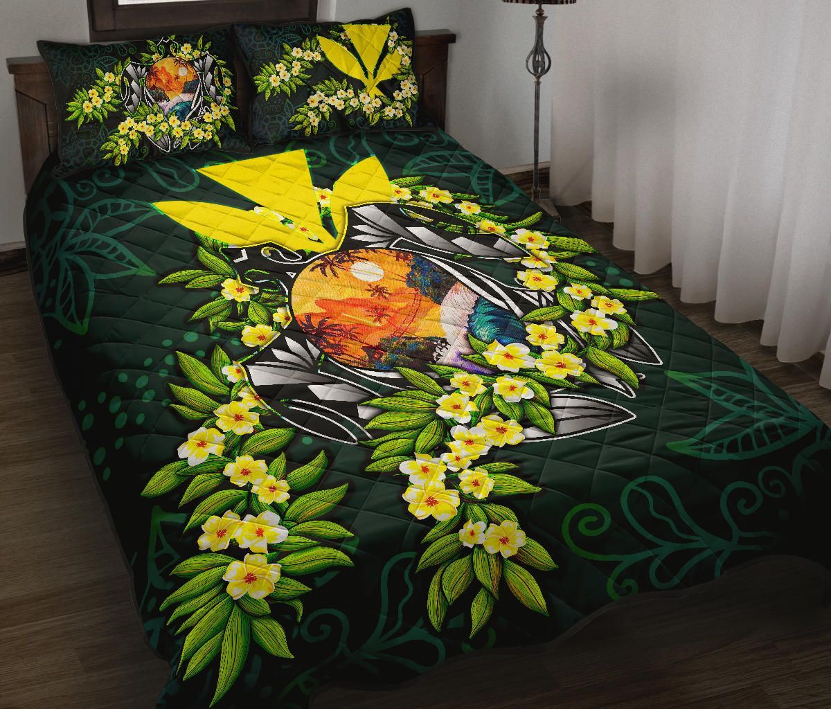 Polynesian Hawaii Quilt Bed Set - Ti Leaf Lei Turtle
