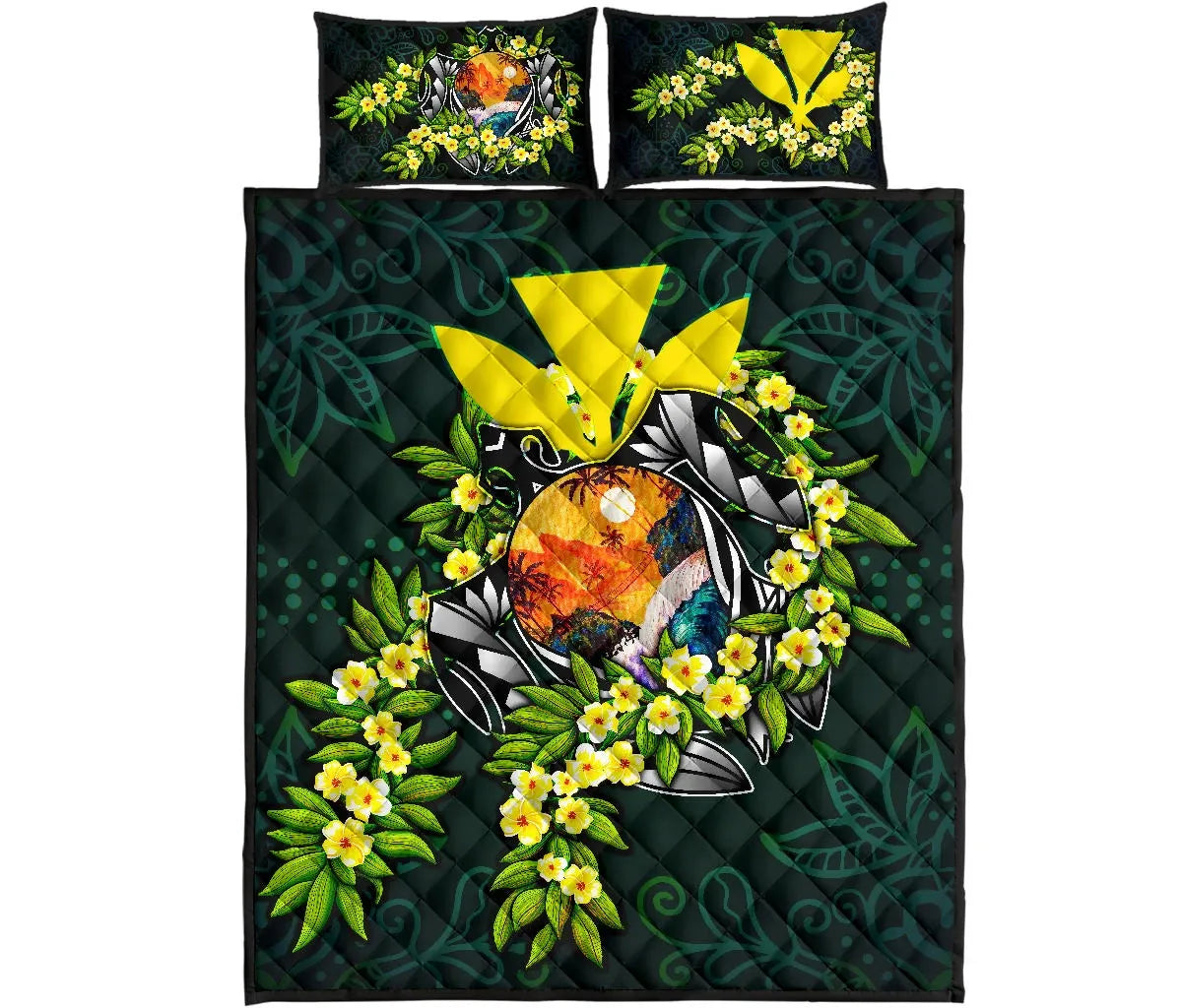 Polynesian Hawaii Quilt Bed Set - Ti Leaf Lei Turtle