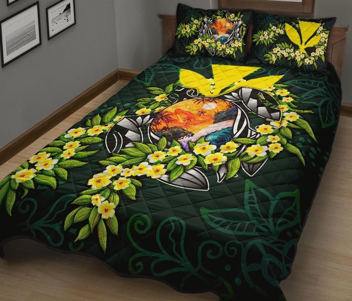 Polynesian Hawaii Quilt Bed Set - Ti Leaf Lei Turtle