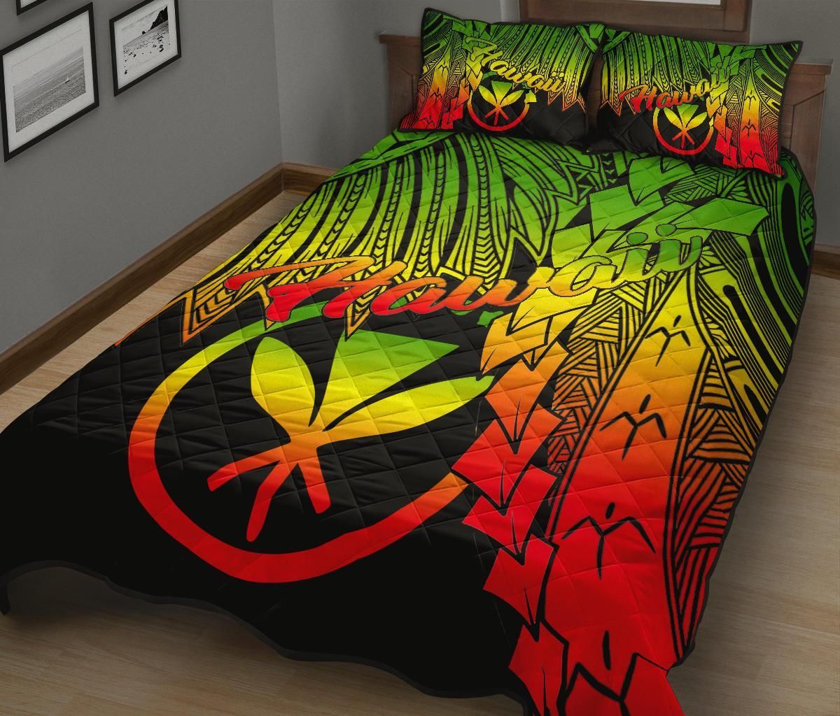 Polynesian Hawaii Quilt Bed Set - Tribal Wave Tattoo Reggae