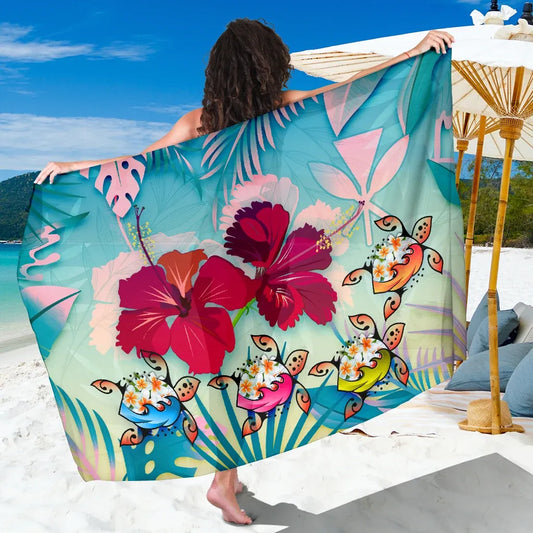 Polynesian Hawaii Sarong - Plumeria Turtles with Hibiscus