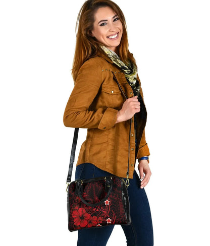 Polynesian Hawaii Shoulder Handbag - Humpback Whale With Hibiscus (Red)