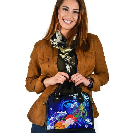 Polynesian Hawaii Shoulder Handbag - Kanaka Maoli Humpback Whale With Tropical Flowers (Blue)