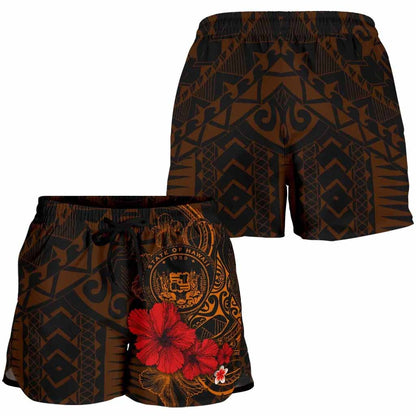 Polynesian Hawaii Women Shorts - Humpback Whale with Hibiscus (Golden)