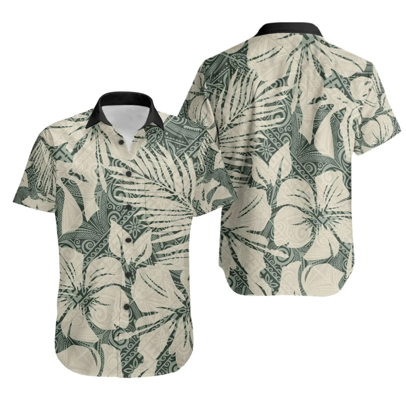 Polynesian Short Sleeve Shirt - Abstract Hibiscus Flowers With Tribal Background
