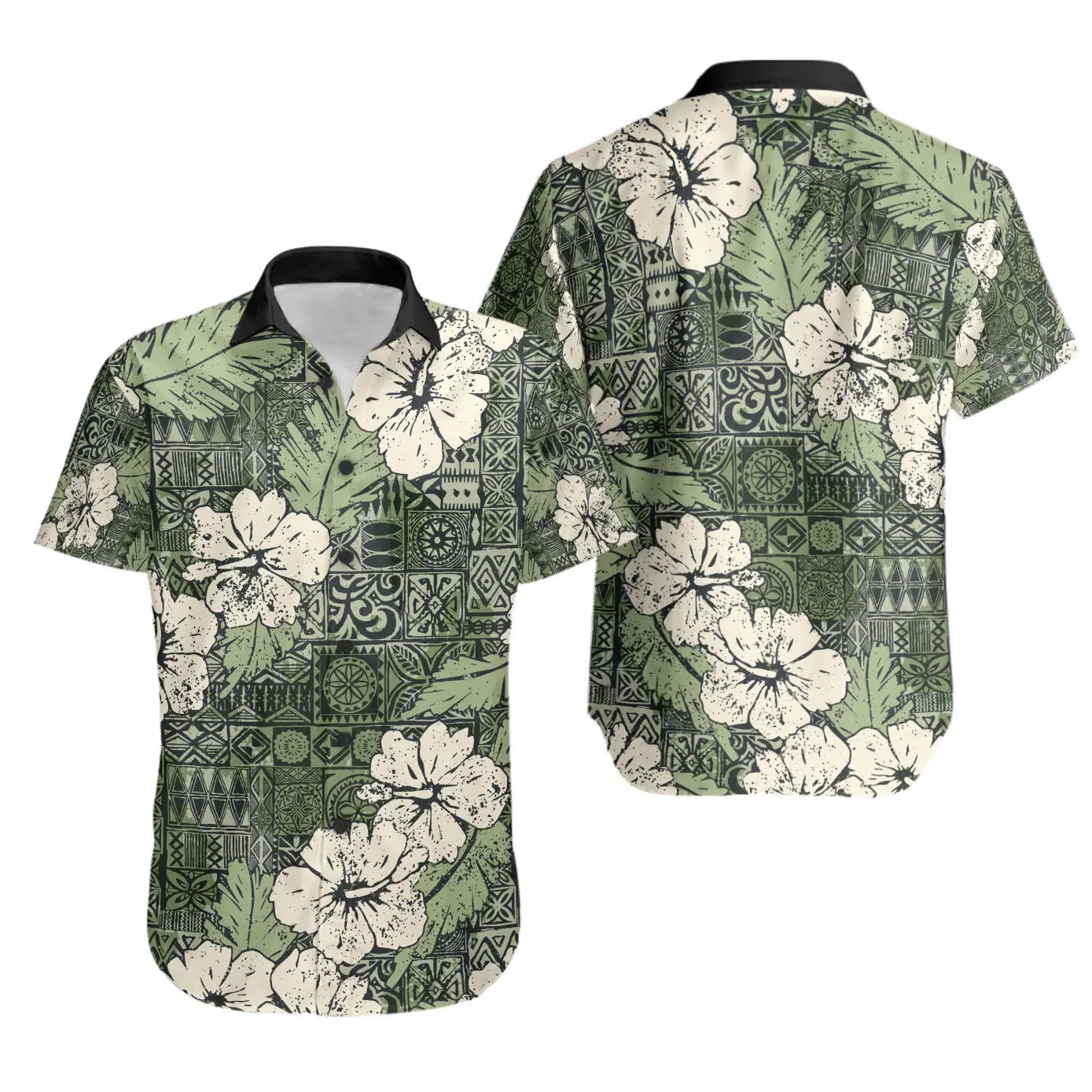 Polynesian Short Sleeve Shirt - Abstract Hibiscus Flowers With Tribal Background Green Color