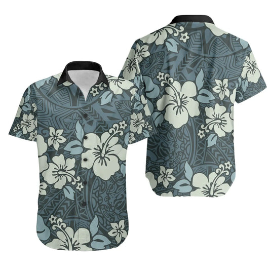 Polynesian Short Sleeve Shirt - Abstract Hibiscus Flowers With Vintage Background