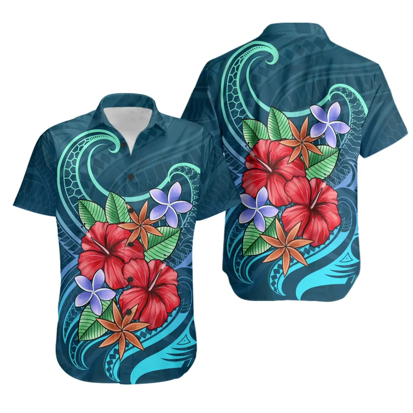 Polynesian Short Sleeve Shirt - Blue Pattern With Tropical Flowers