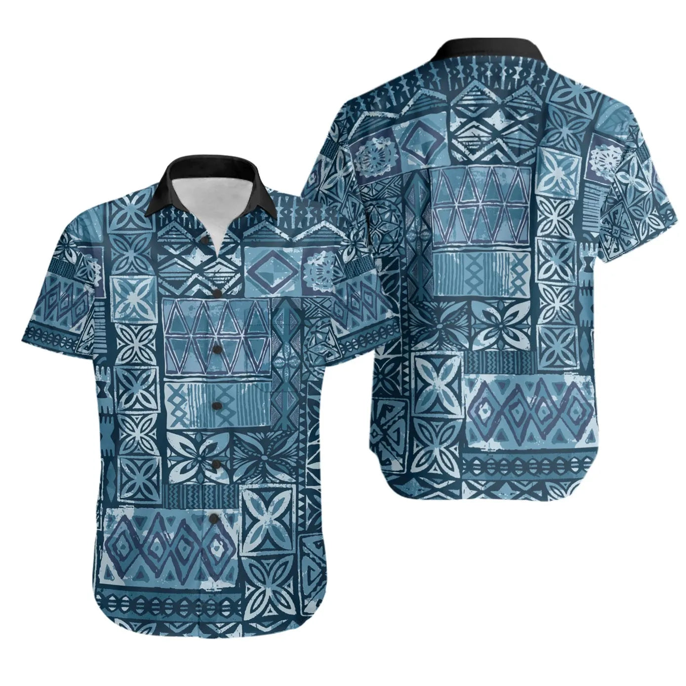 Polynesian Short Sleeve Shirt - Blue Tapa Tribal Fabric Pattern