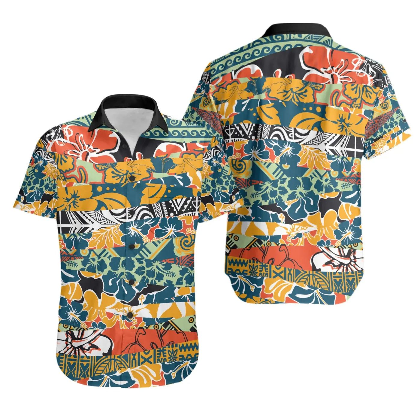 Polynesian Short Sleeve Shirt - Colorful Hibiscus Flowers Pattern