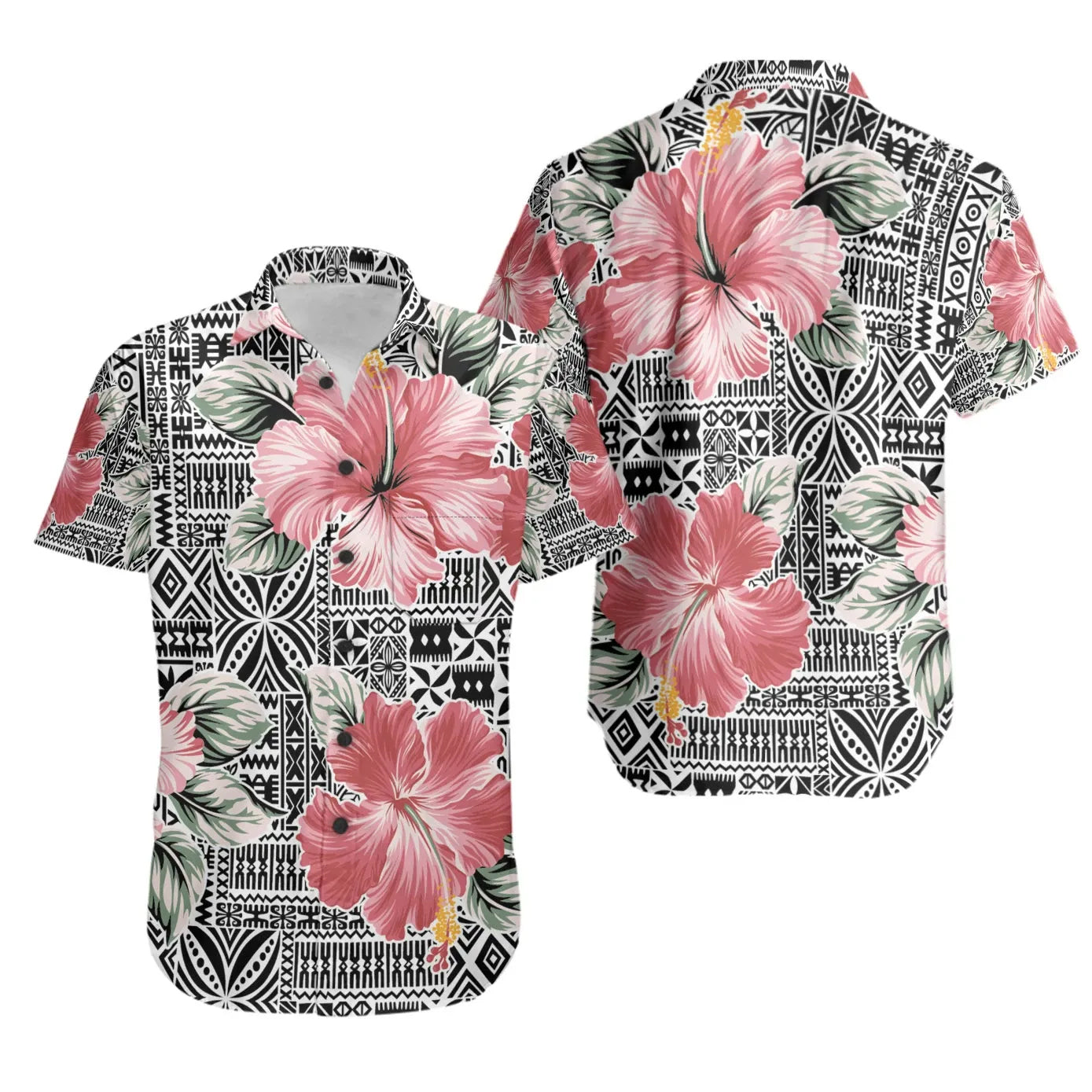 Polynesian Short Sleeve Shirt - Pink Hibiscus Flower With Tapa Pattern
