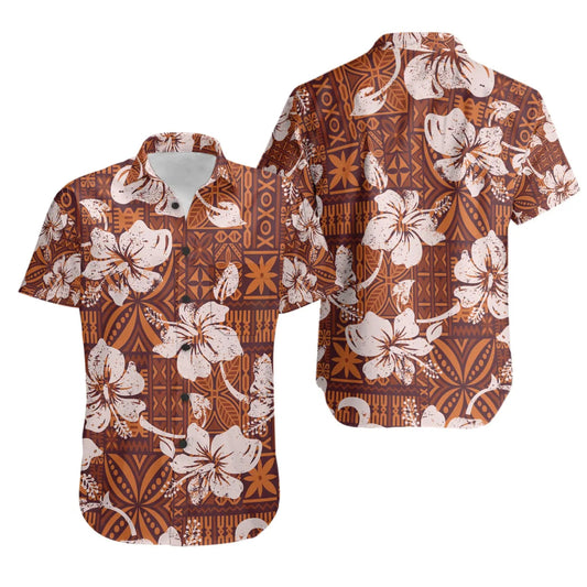 Polynesian Short Sleeve Shirt - Tribal Vintage Hibiscus Flowers