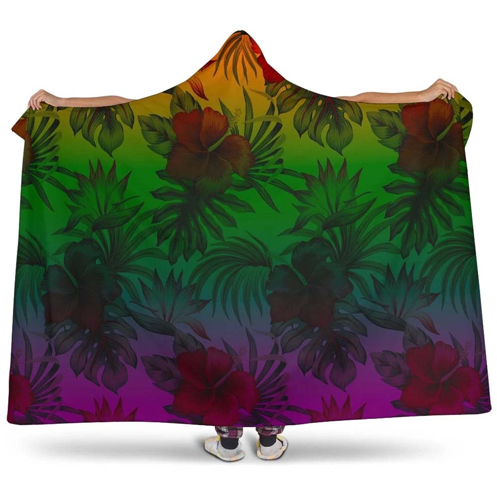 Polynesian Hooded Blanket - Green Hibiscus Patterns