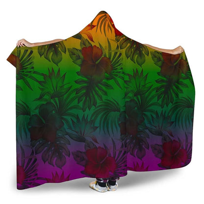 Polynesian Hooded Blanket - Green Hibiscus Patterns