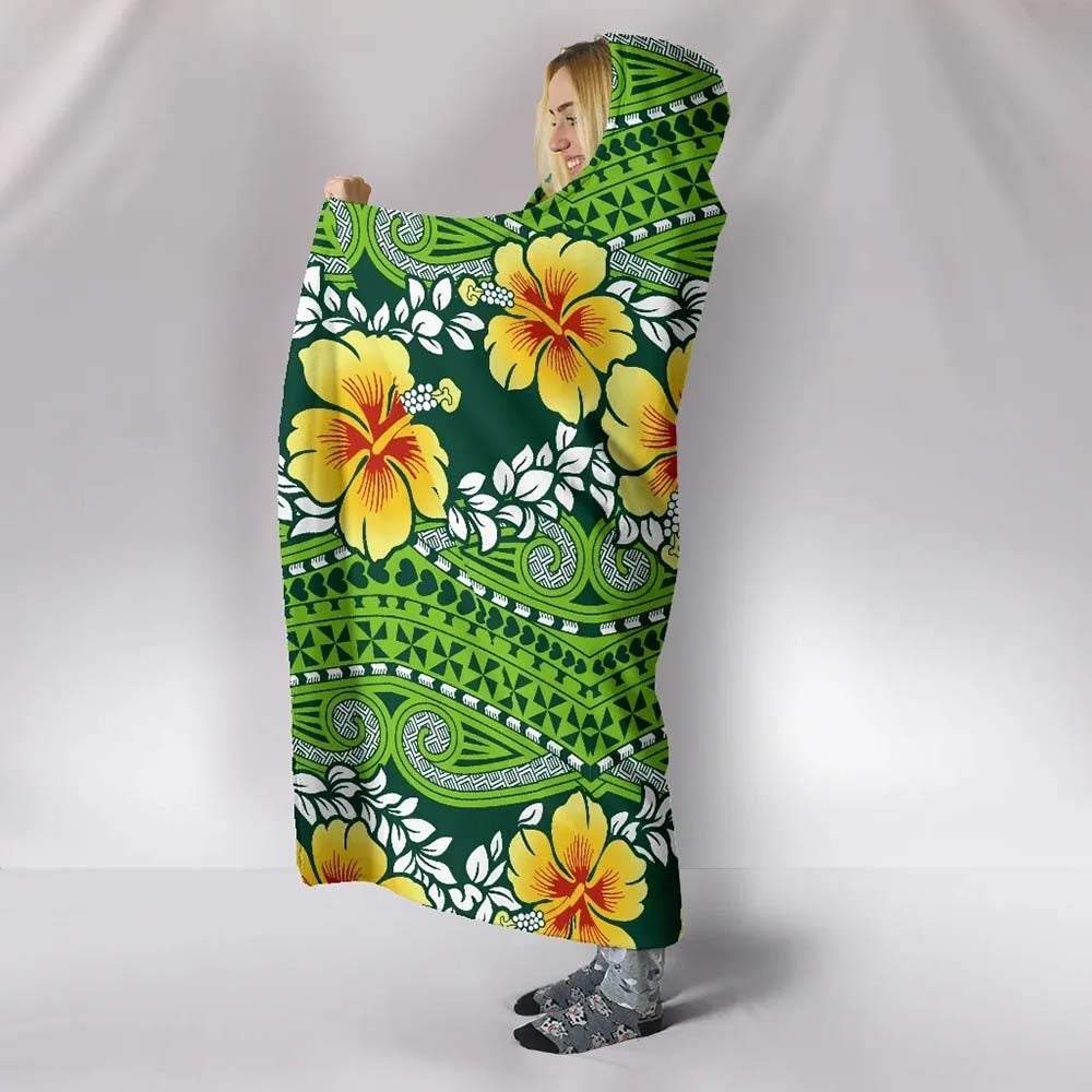 Polynesian Hooded Blanket - Polynesian Hibiscus Patterns