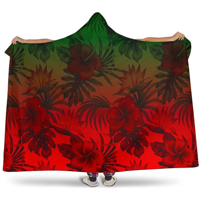 Polynesian Hooded Blanket - Red Hibiscus Patterns