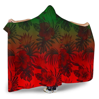 Polynesian Hooded Blanket - Red Hibiscus Patterns