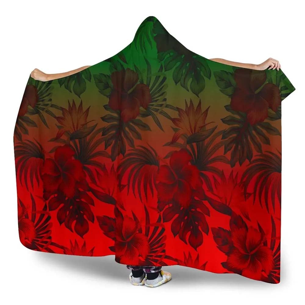 Polynesian Hooded Blanket - Red Hibiscus Patterns