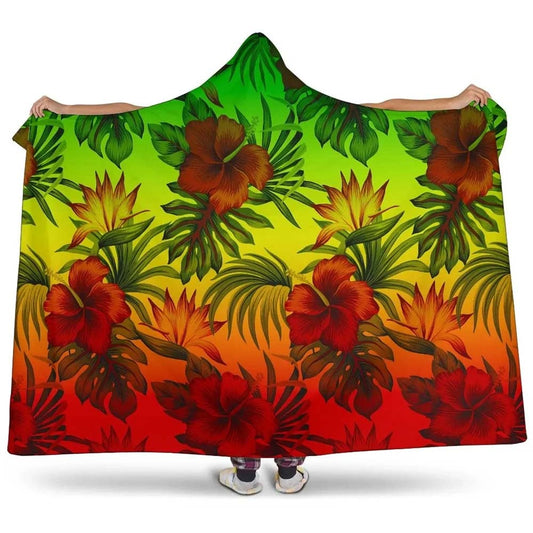 Polynesian Hooded Blanket - Reggae Hibiscus Patterns