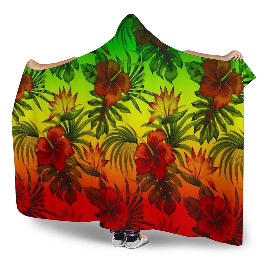 Polynesian Hooded Blanket - Reggae Hibiscus Patterns