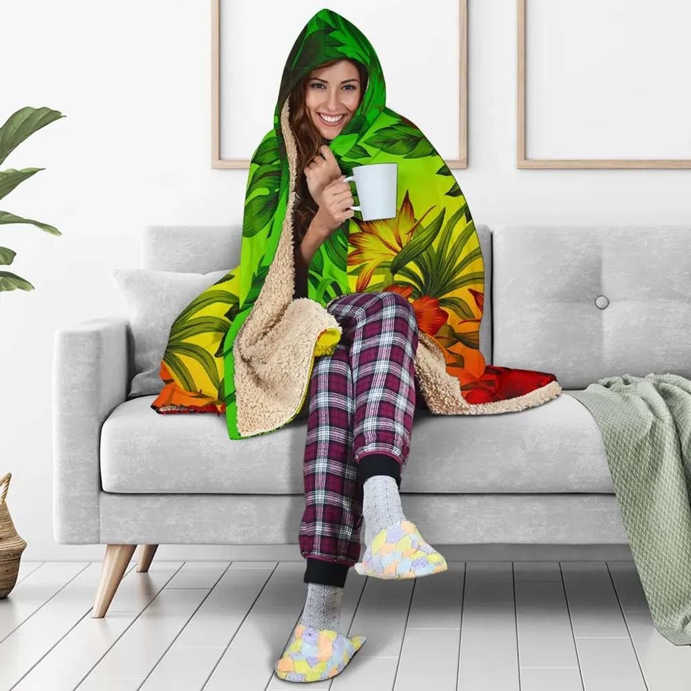 Polynesian Hooded Blanket - Reggae Hibiscus Patterns