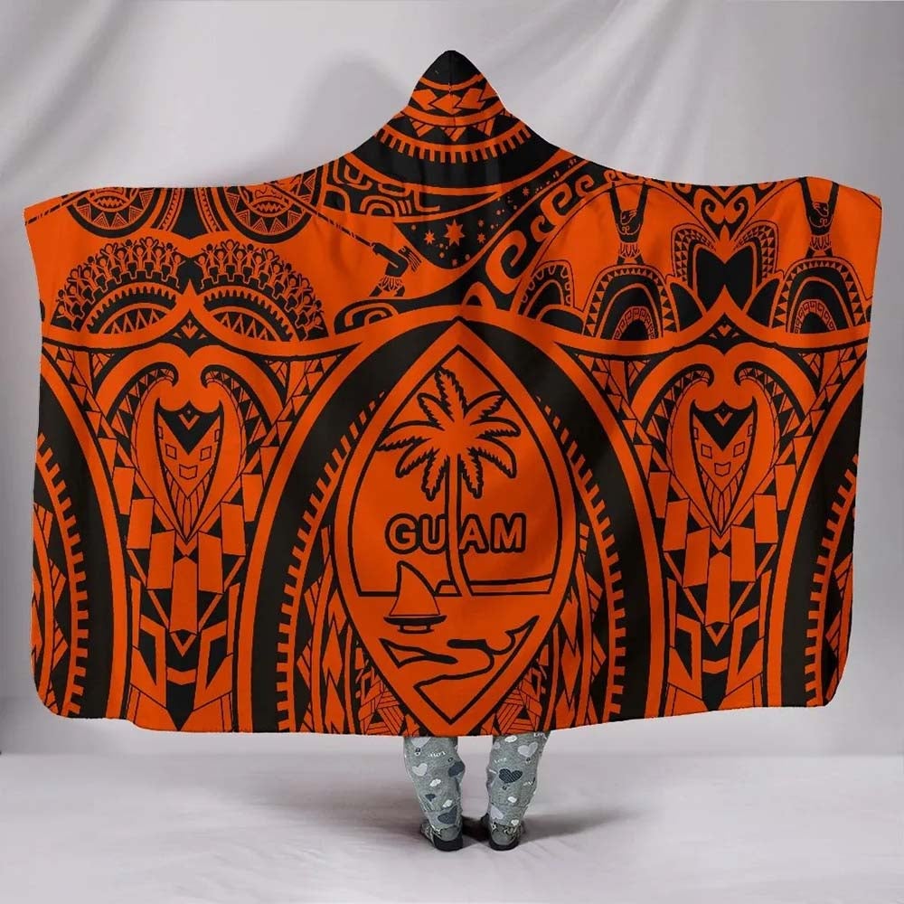 Polynesian Hooded Blankets - Guam Flag Seal with Maui Moana Tattoo Orange