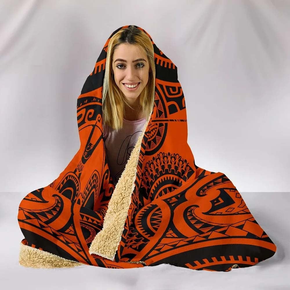 Polynesian Hooded Blankets - Guam Flag Seal with Maui Moana Tattoo Orange